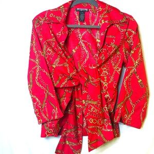 Mischa Red Chain Print tie front blouse sz PM